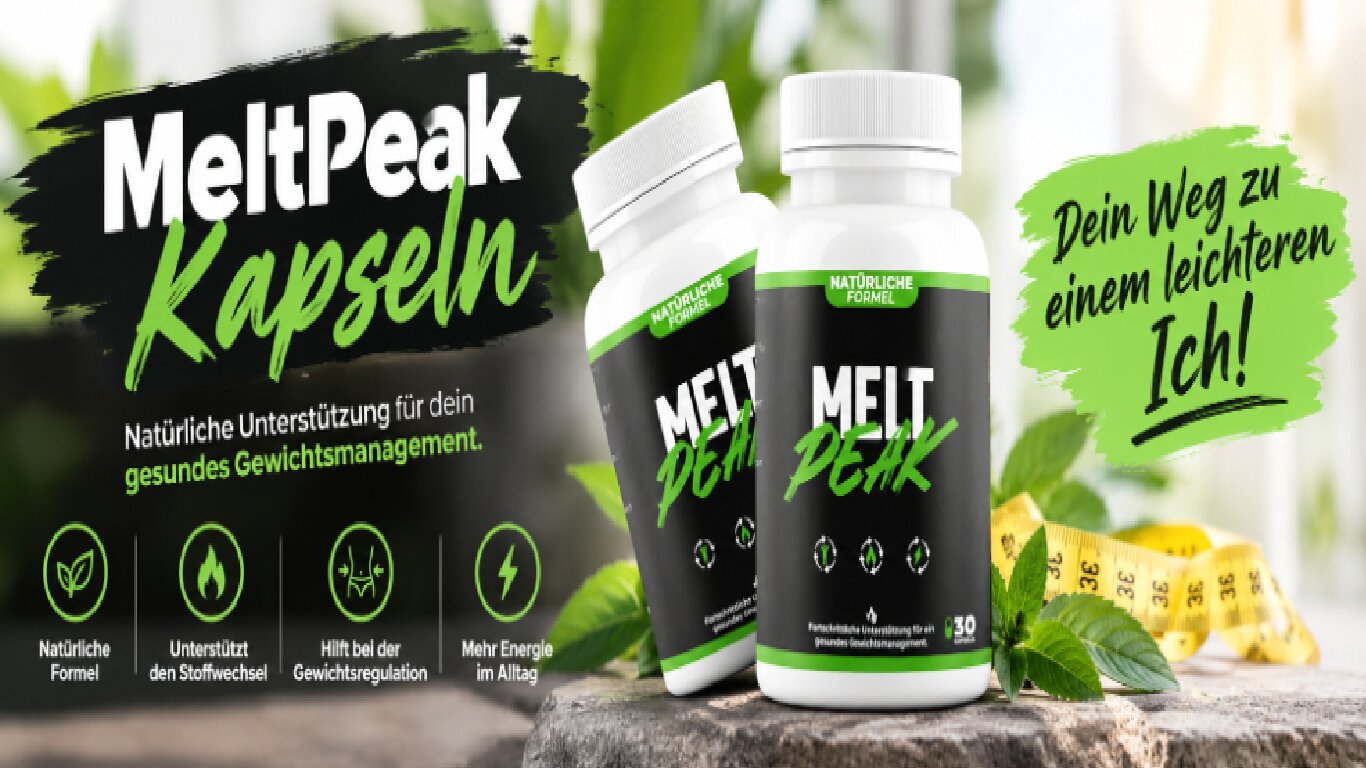 MeltPeak capsules with mint leaves, a measuring tape, and natural formula highlights